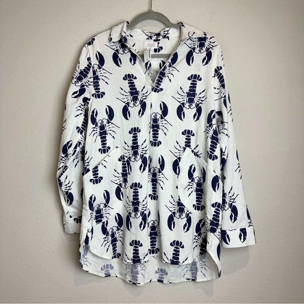 NWT Sigrid Olsen Linen Blend White Blue Lobster Print Split Neck Tunic Medium